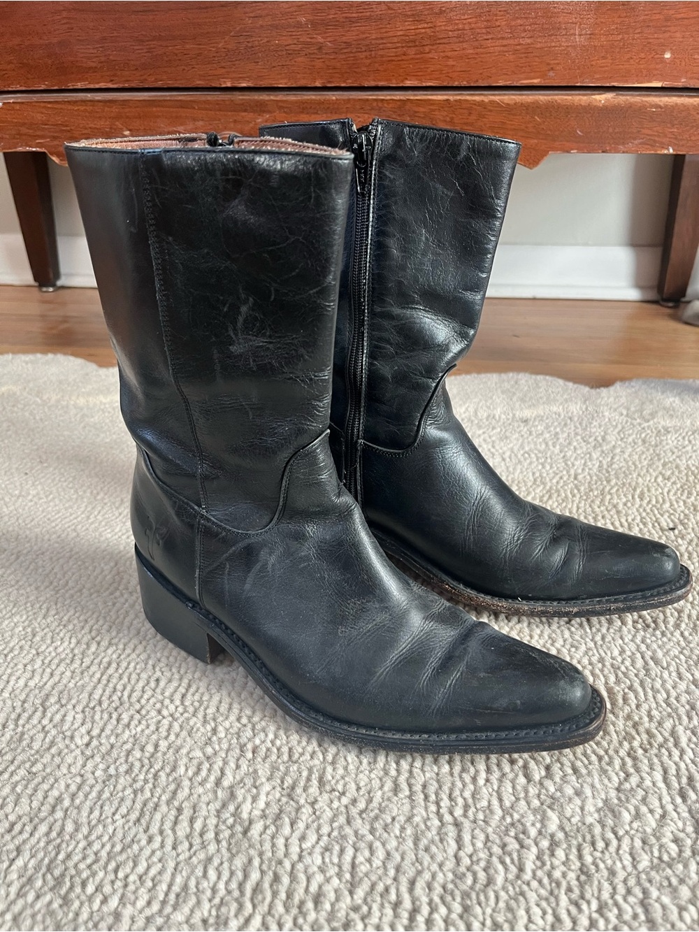 Frye Black Leather Mid-Calf Zip Cowboy Boots